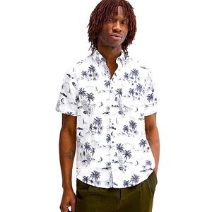 Report Collection Men’s Hawaiian Linen Palm Tree Sailboat Print Buttoned Shirt S